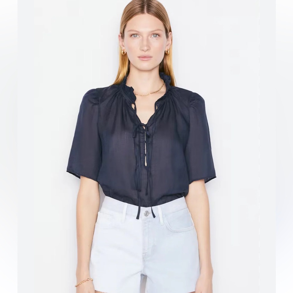 Frame Denim Navy Sheer Tie-Neck Blouse